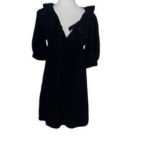 Amanda Uprichard Black Silk Mini Dress Elastic waist V-Neck Ruffle size Small S